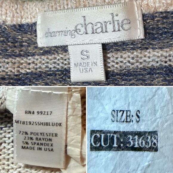 Charming Charlie Navy Blue Beige Dolman Sweater Knit Tunic Top Southwestern S - Picture 9 of 9